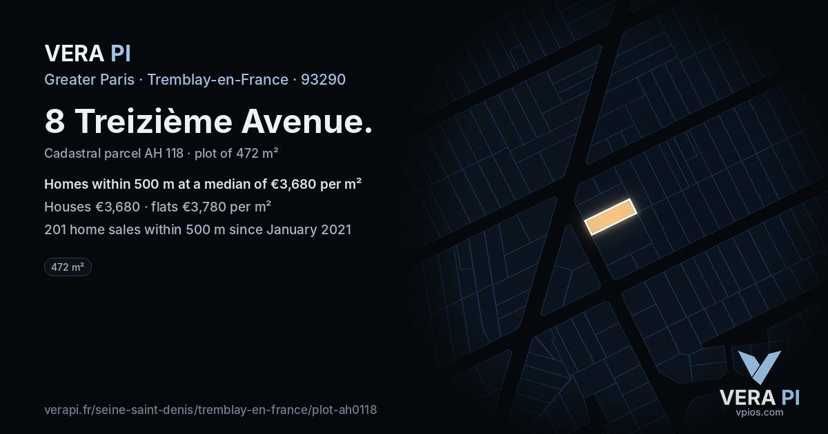 8 Treizième Avenue, Tremblay-en-France at night – the plot lit, the parcels around coloured by the prices near them