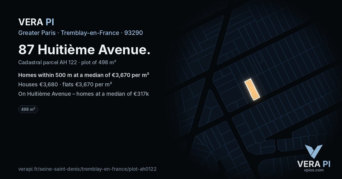 87 Huitième Avenue, Tremblay-en-France at night – the plot lit, the parcels around coloured by the prices near them