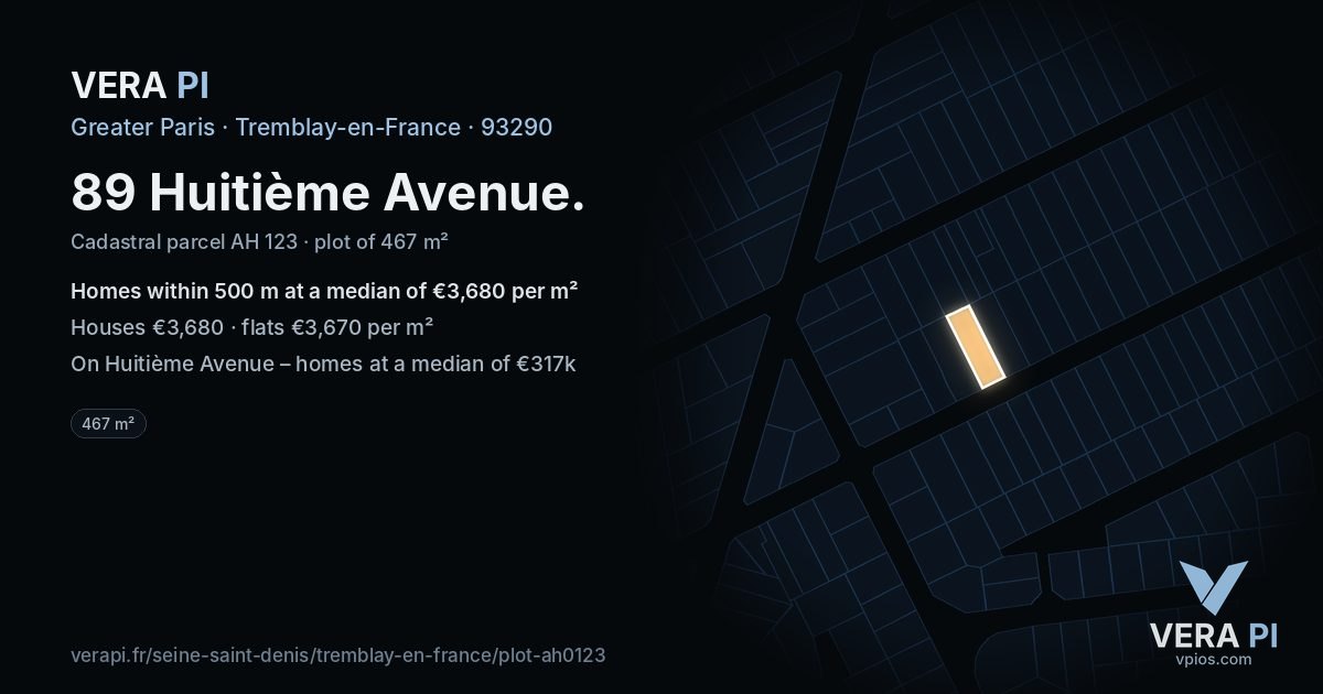 89 Huitième Avenue, Tremblay-en-France at night – the plot lit, the parcels around coloured by the prices near them