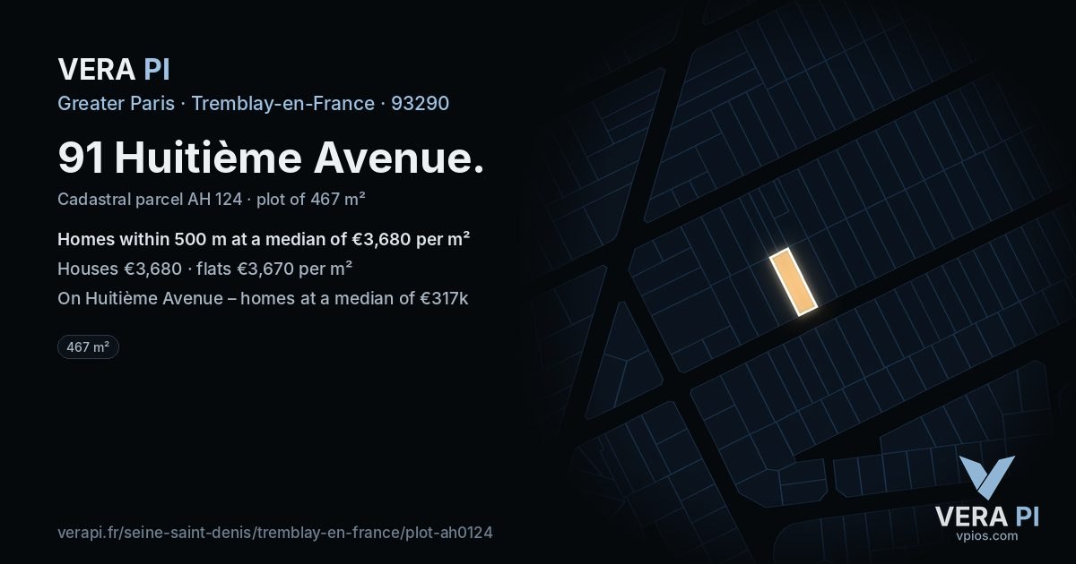 91 Huitième Avenue, Tremblay-en-France at night – the plot lit, the parcels around coloured by the prices near them