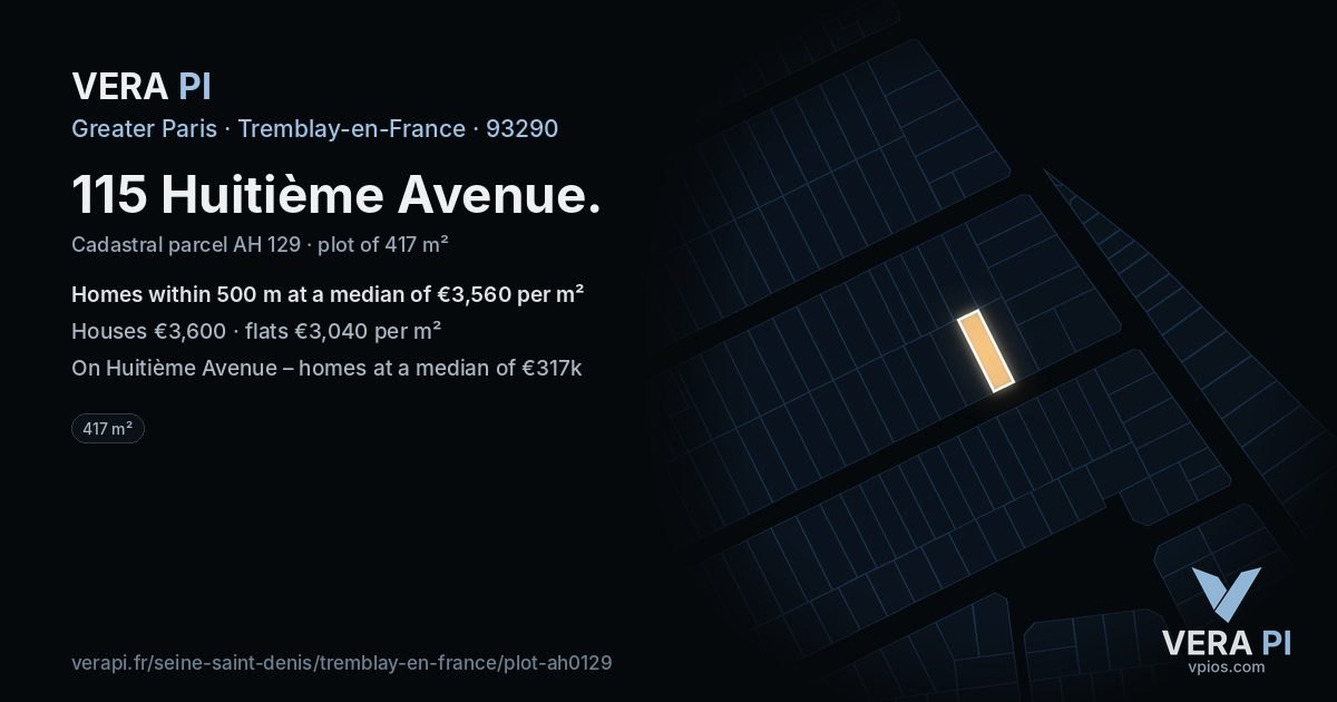115 Huitième Avenue, Tremblay-en-France at night – the plot lit, the parcels around coloured by the prices near them