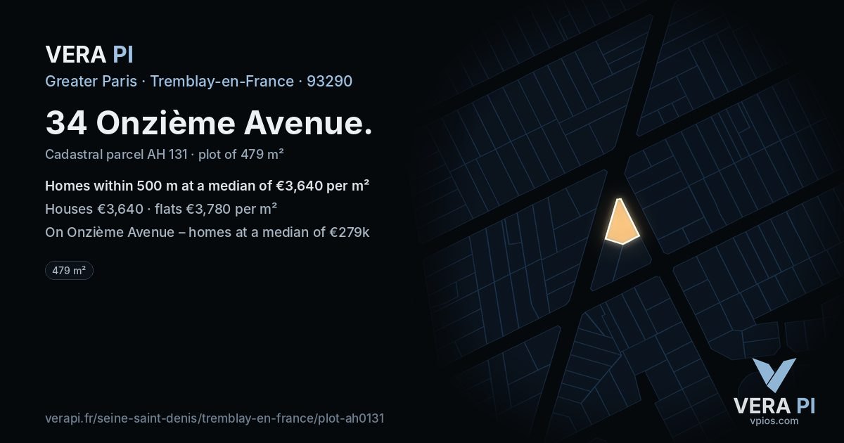 34 Onzième Avenue, Tremblay-en-France at night – the plot lit, the parcels around coloured by the prices near them