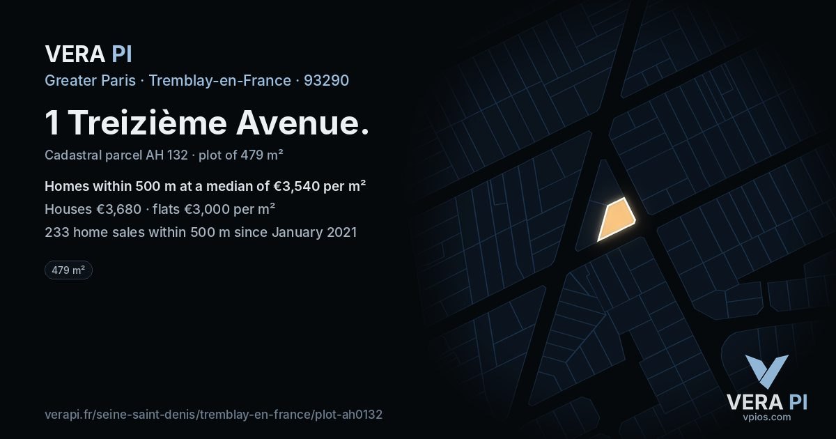 1 Treizième Avenue, Tremblay-en-France at night – the plot lit, the parcels around coloured by the prices near them