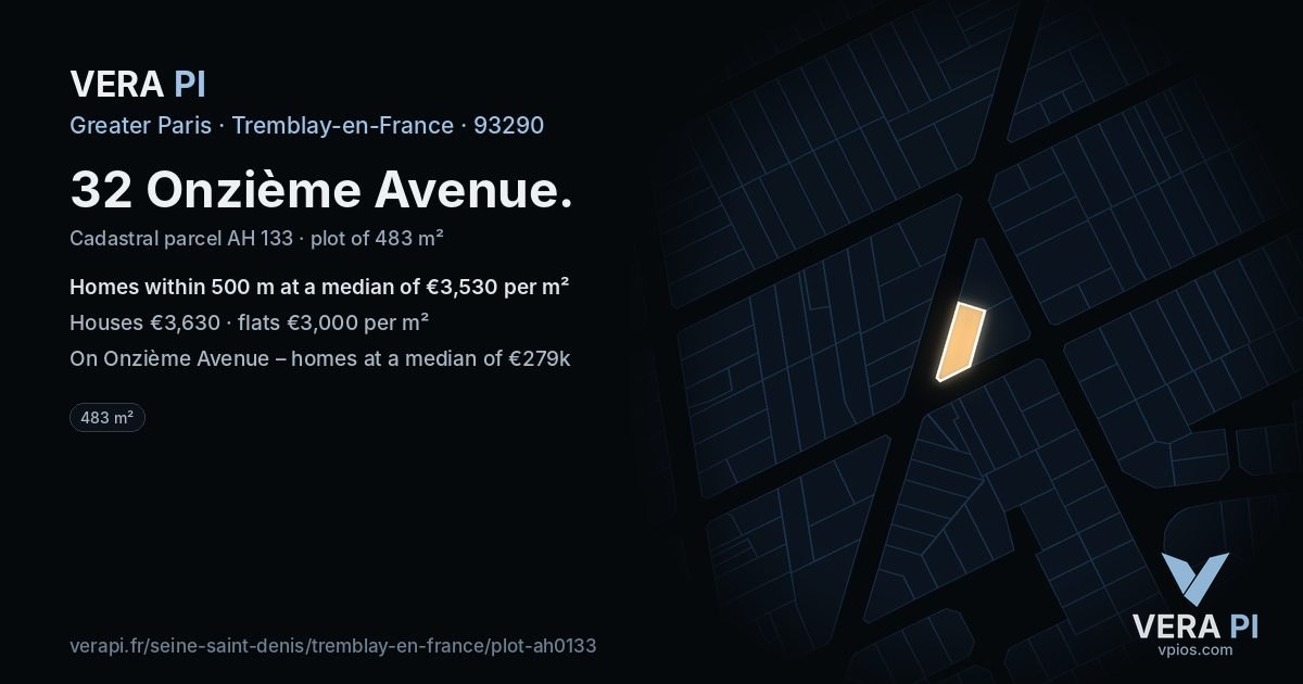 32 Onzième Avenue, Tremblay-en-France at night – the plot lit, the parcels around coloured by the prices near them