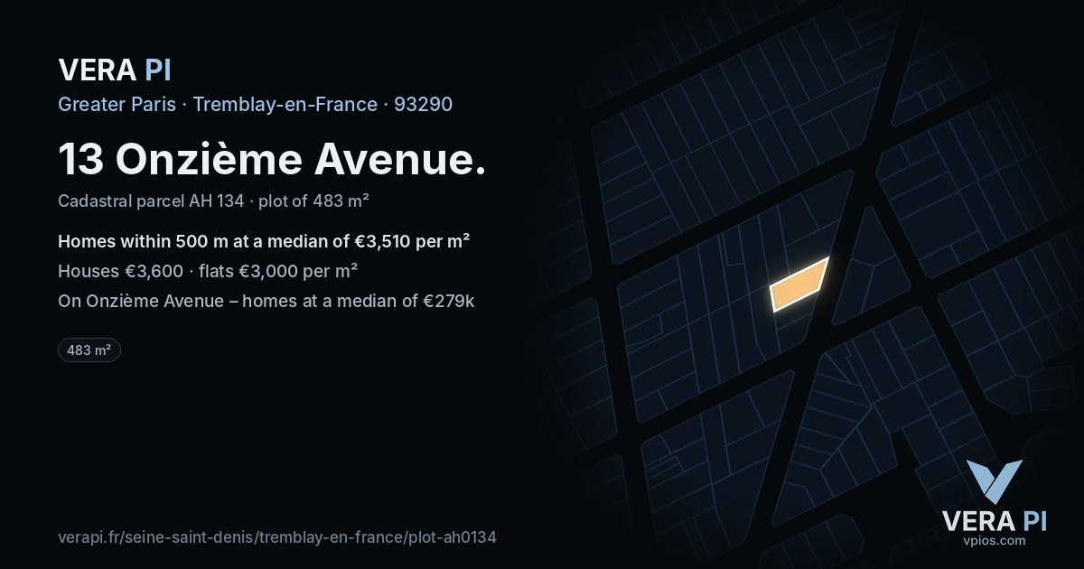13 Onzième Avenue, Tremblay-en-France at night – the plot lit, the parcels around coloured by the prices near them