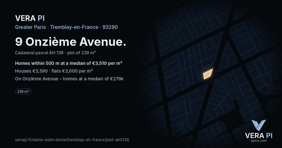 9 Onzième Avenue, Tremblay-en-France at night – the plot lit, the parcels around coloured by the prices near them