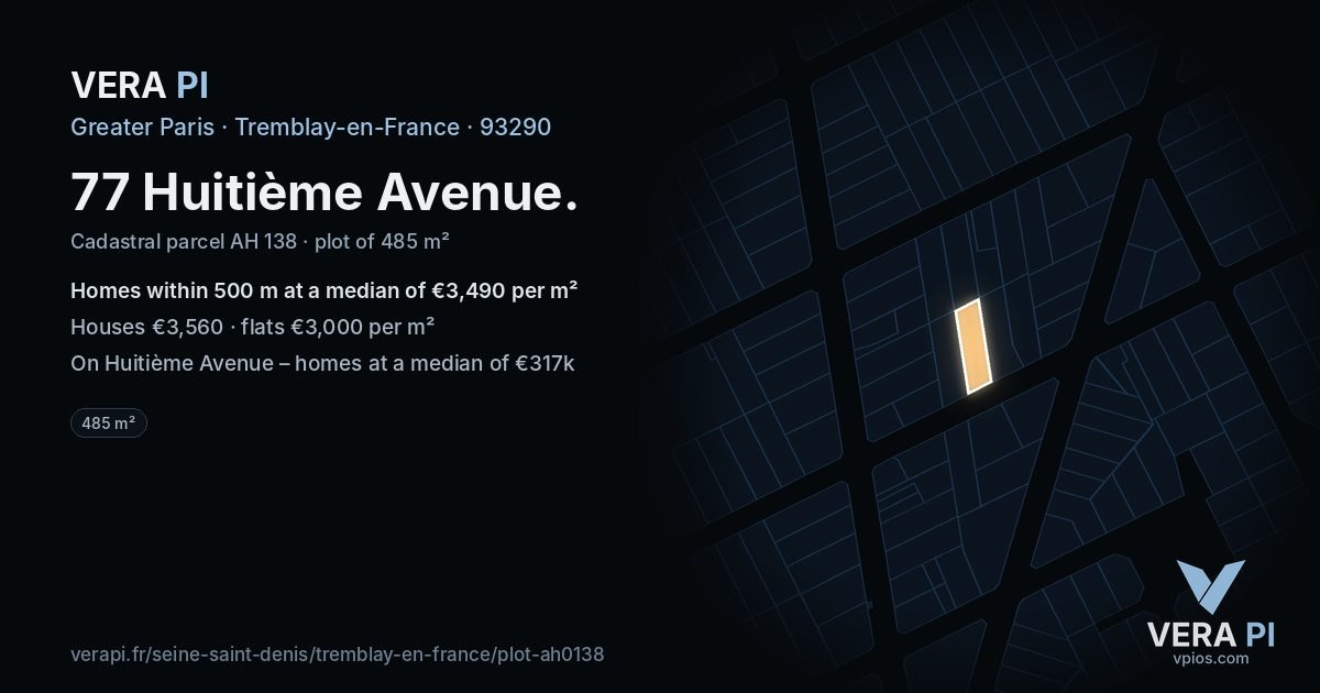 77 Huitième Avenue, Tremblay-en-France at night – the plot lit, the parcels around coloured by the prices near them