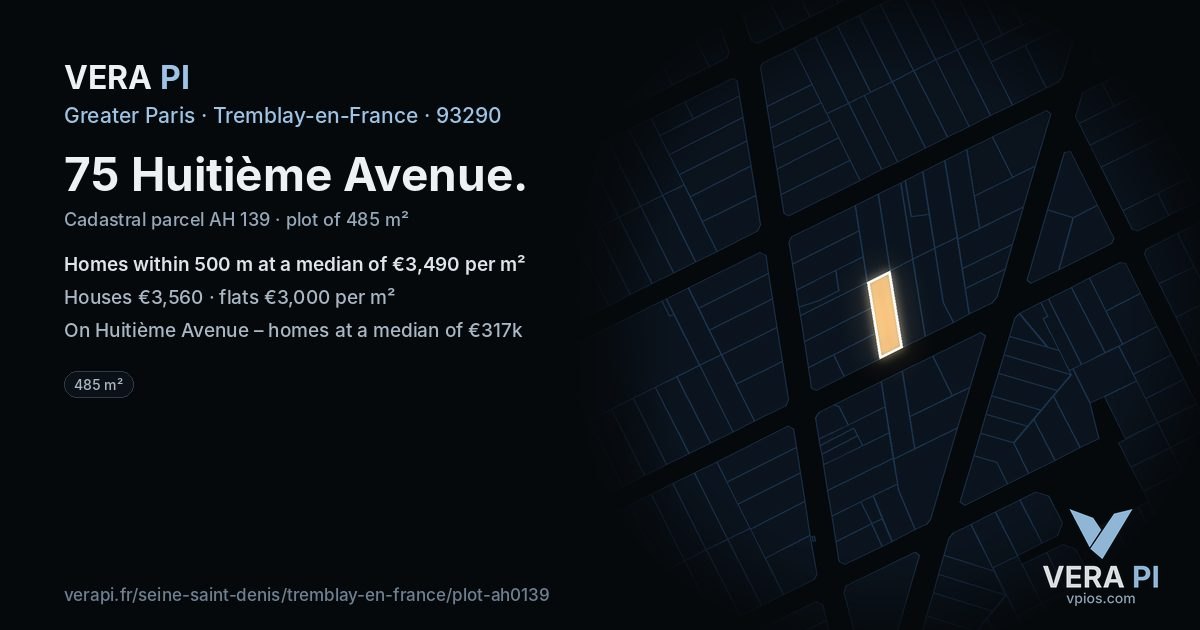 75 Huitième Avenue, Tremblay-en-France at night – the plot lit, the parcels around coloured by the prices near them