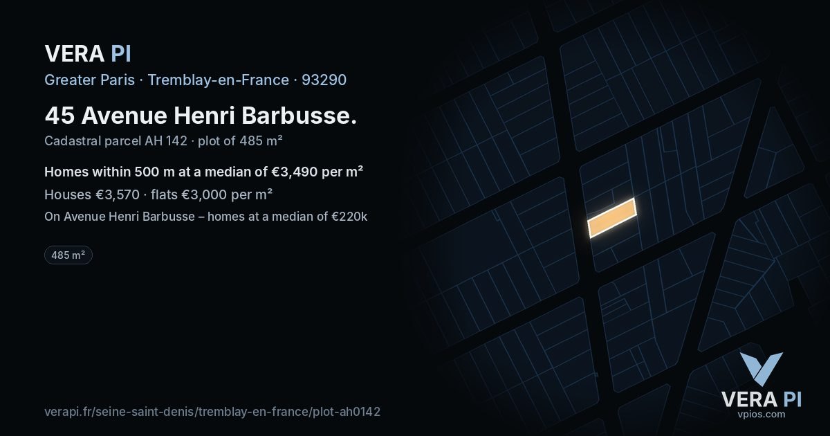 45 Avenue Henri Barbusse, Tremblay-en-France at night – the plot lit, the parcels around coloured by the prices near them