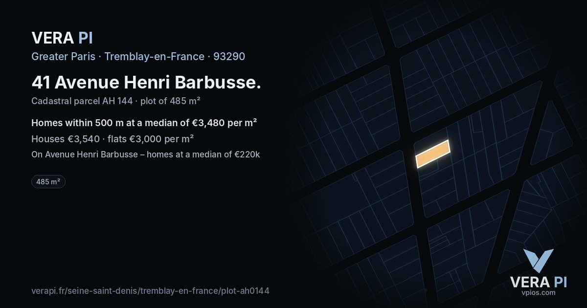 41 Avenue Henri Barbusse, Tremblay-en-France at night – the plot lit, the parcels around coloured by the prices near them