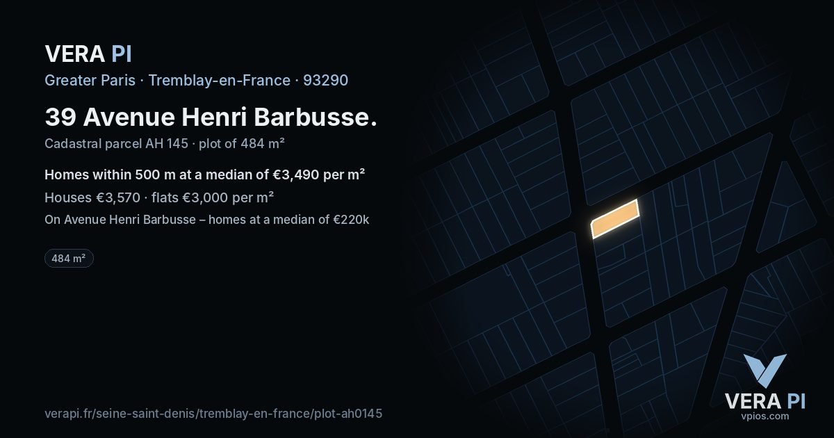 39 Avenue Henri Barbusse, Tremblay-en-France at night – the plot lit, the parcels around coloured by the prices near them