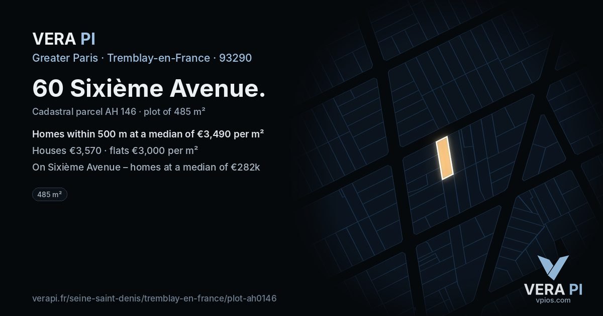 60 Sixième Avenue, Tremblay-en-France at night – the plot lit, the parcels around coloured by the prices near them