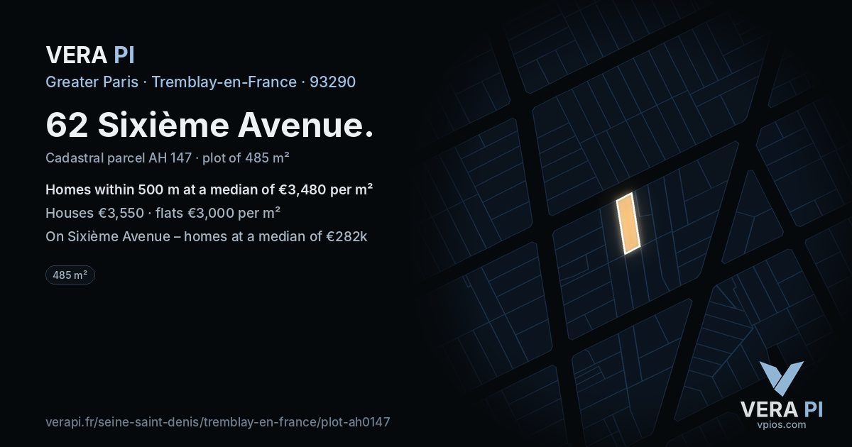 62 Sixième Avenue, Tremblay-en-France at night – the plot lit, the parcels around coloured by the prices near them