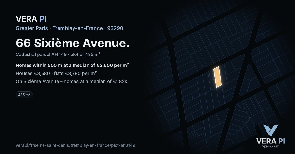 66 Sixième Avenue, Tremblay-en-France at night – the plot lit, the parcels around coloured by the prices near them
