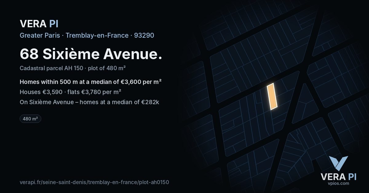 68 Sixième Avenue, Tremblay-en-France at night – the plot lit, the parcels around coloured by the prices near them