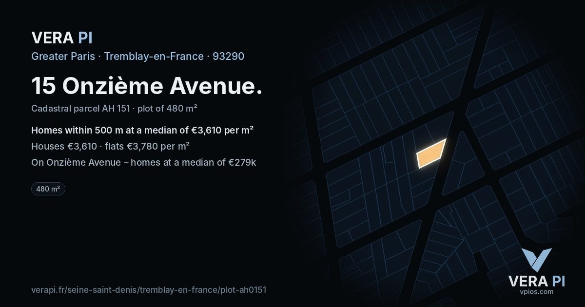 15 Onzième Avenue, Tremblay-en-France at night – the plot lit, the parcels around coloured by the prices near them