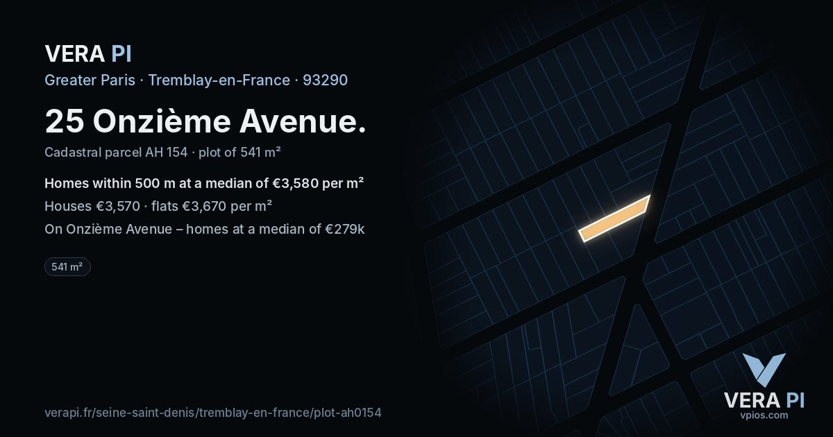 25 Onzième Avenue, Tremblay-en-France at night – the plot lit, the parcels around coloured by the prices near them