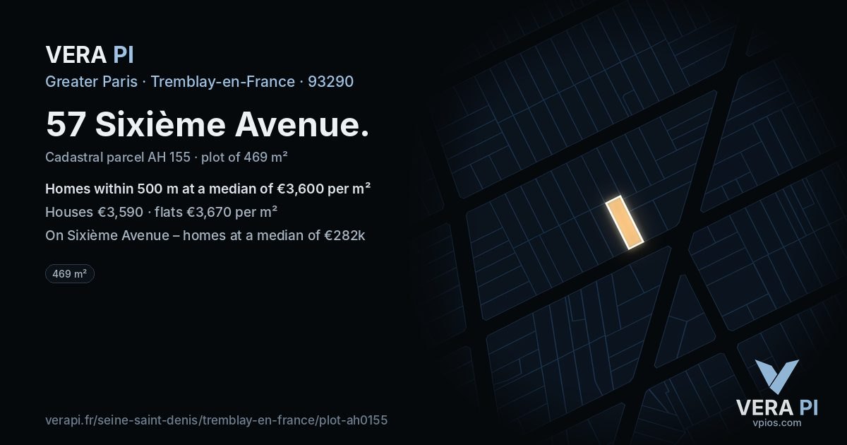 57 Sixième Avenue, Tremblay-en-France at night – the plot lit, the parcels around coloured by the prices near them