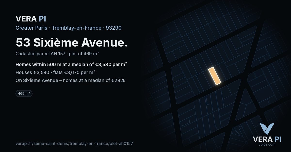 53 Sixième Avenue, Tremblay-en-France at night – the plot lit, the parcels around coloured by the prices near them