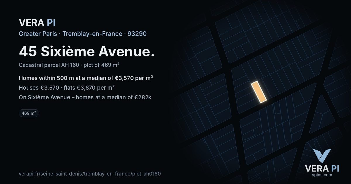 45 Sixième Avenue, Tremblay-en-France at night – the plot lit, the parcels around coloured by the prices near them