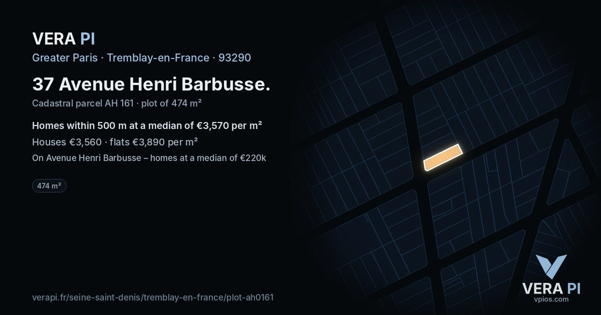37 Avenue Henri Barbusse, Tremblay-en-France at night – the plot lit, the parcels around coloured by the prices near them