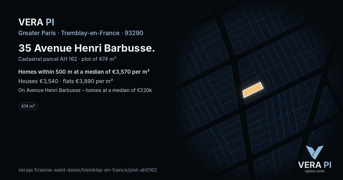 35 Avenue Henri Barbusse, Tremblay-en-France at night – the plot lit, the parcels around coloured by the prices near them
