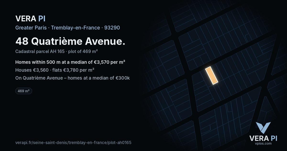 48 Quatrième Avenue, Tremblay-en-France at night – the plot lit, the parcels around coloured by the prices near them
