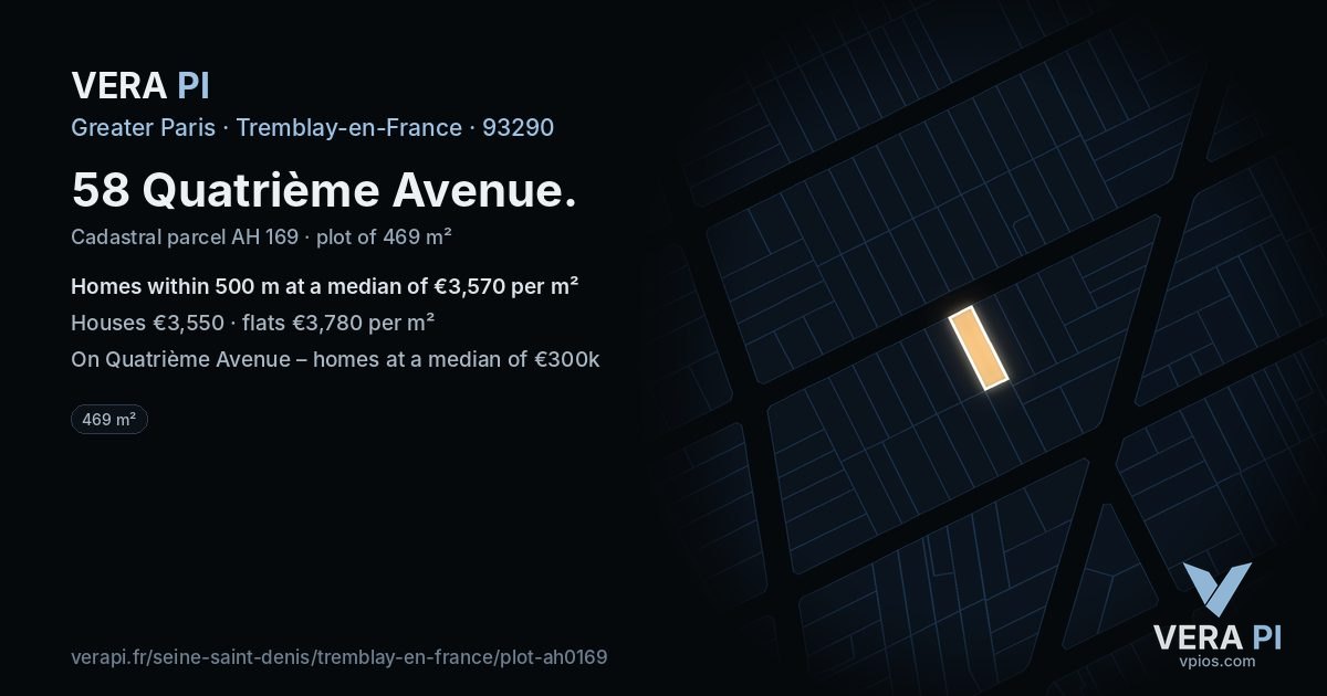 58 Quatrième Avenue, Tremblay-en-France at night – the plot lit, the parcels around coloured by the prices near them