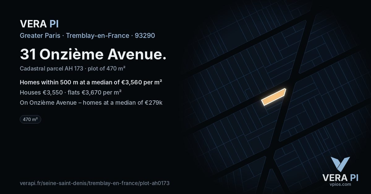 31 Onzième Avenue, Tremblay-en-France at night – the plot lit, the parcels around coloured by the prices near them