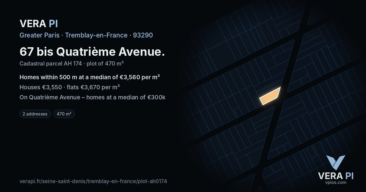67 bis Quatrième Avenue, Tremblay-en-France at night – the plot lit, the parcels around coloured by the prices near them