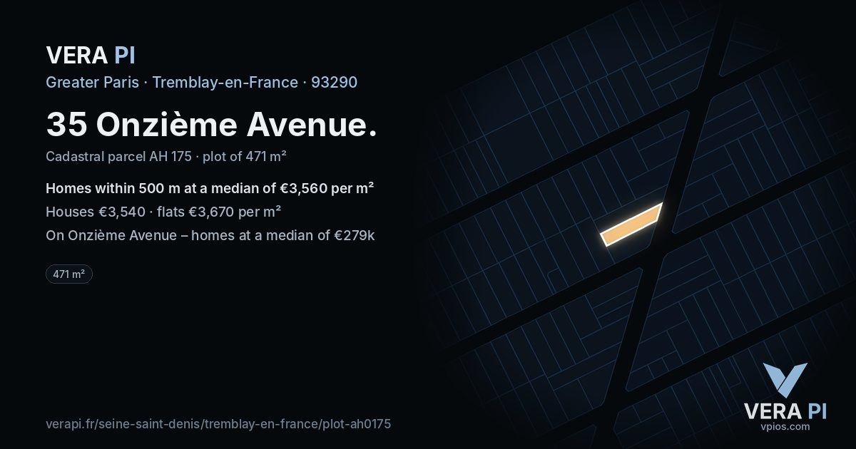 35 Onzième Avenue, Tremblay-en-France at night – the plot lit, the parcels around coloured by the prices near them