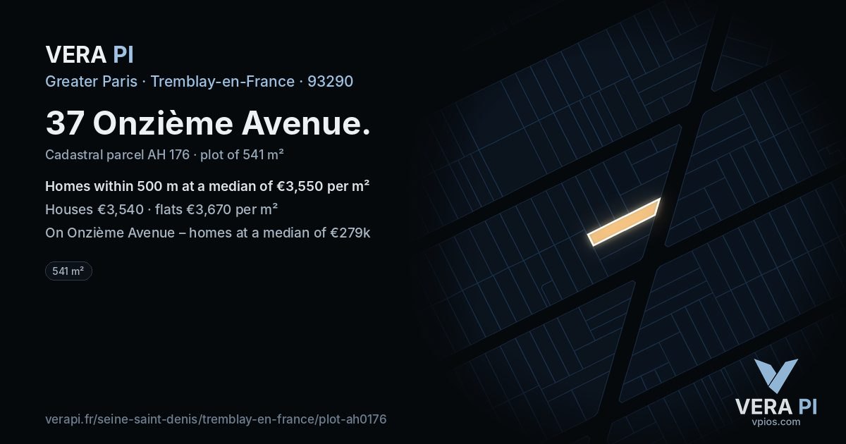37 Onzième Avenue, Tremblay-en-France at night – the plot lit, the parcels around coloured by the prices near them