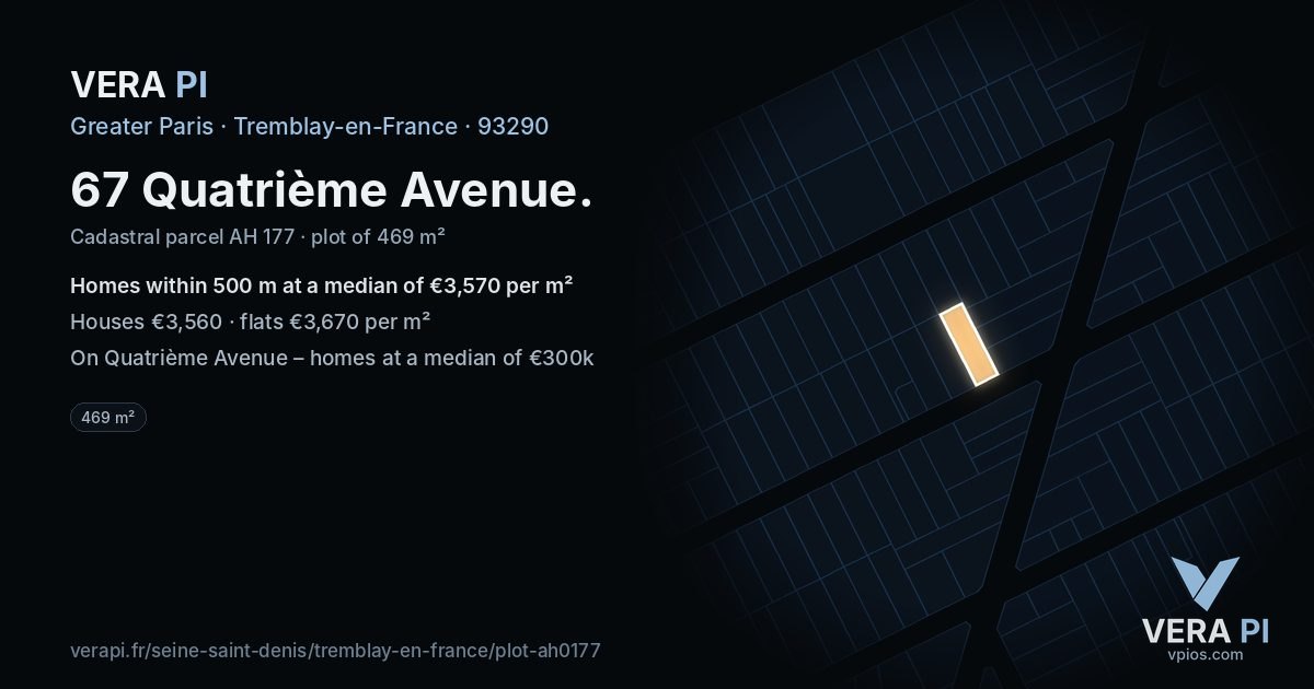 67 Quatrième Avenue, Tremblay-en-France at night – the plot lit, the parcels around coloured by the prices near them