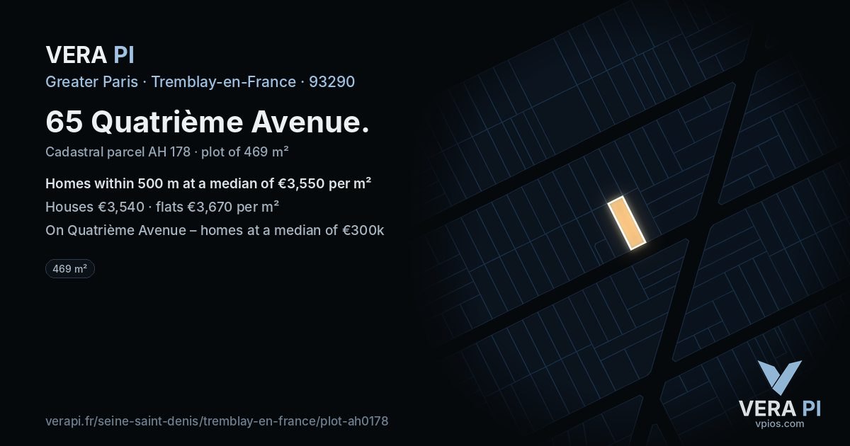 65 Quatrième Avenue, Tremblay-en-France at night – the plot lit, the parcels around coloured by the prices near them