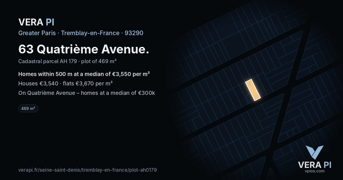 63 Quatrième Avenue, Tremblay-en-France at night – the plot lit, the parcels around coloured by the prices near them