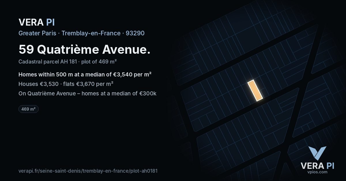 59 Quatrième Avenue, Tremblay-en-France at night – the plot lit, the parcels around coloured by the prices near them