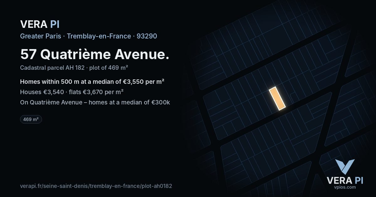 57 Quatrième Avenue, Tremblay-en-France at night – the plot lit, the parcels around coloured by the prices near them