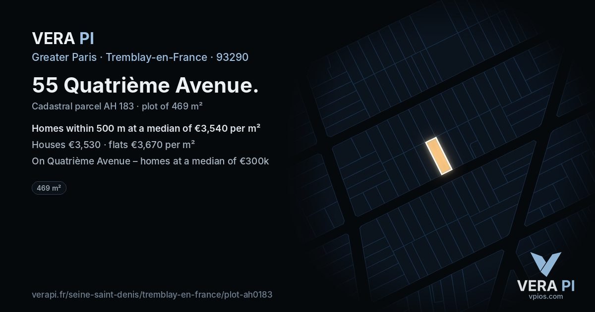 55 Quatrième Avenue, Tremblay-en-France at night – the plot lit, the parcels around coloured by the prices near them
