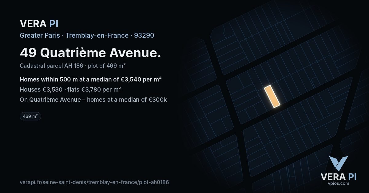 49 Quatrième Avenue, Tremblay-en-France at night – the plot lit, the parcels around coloured by the prices near them