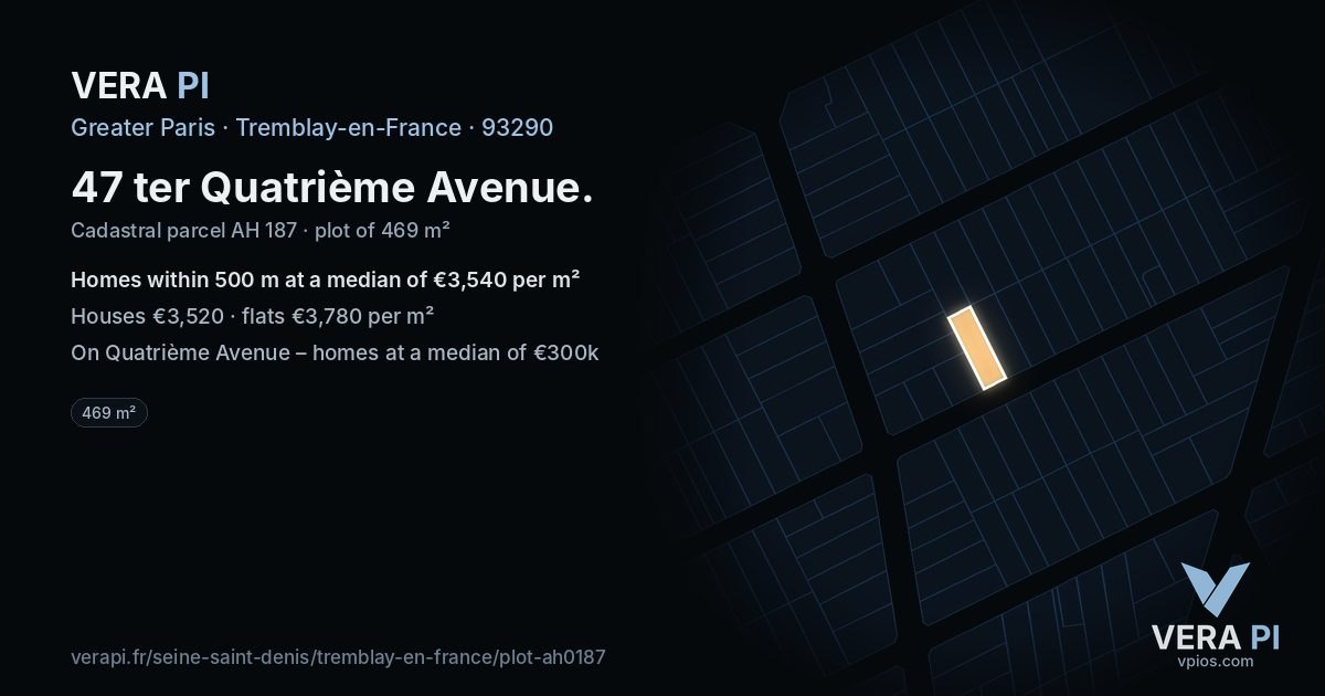 47 ter Quatrième Avenue, Tremblay-en-France at night – the plot lit, the parcels around coloured by the prices near them