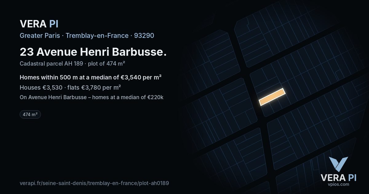 23 Avenue Henri Barbusse, Tremblay-en-France at night – the plot lit, the parcels around coloured by the prices near them