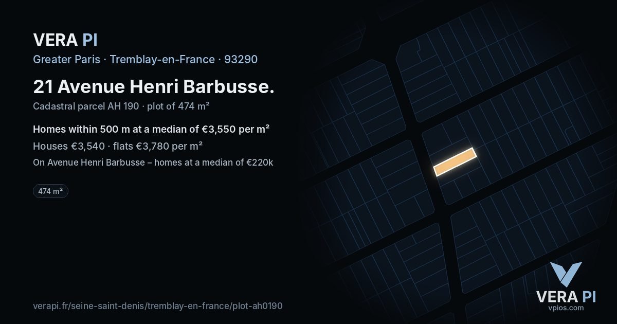 21 Avenue Henri Barbusse, Tremblay-en-France at night – the plot lit, the parcels around coloured by the prices near them