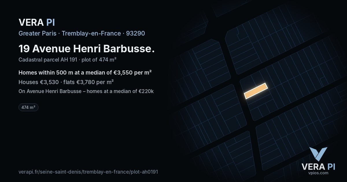 19 Avenue Henri Barbusse, Tremblay-en-France at night – the plot lit, the parcels around coloured by the prices near them