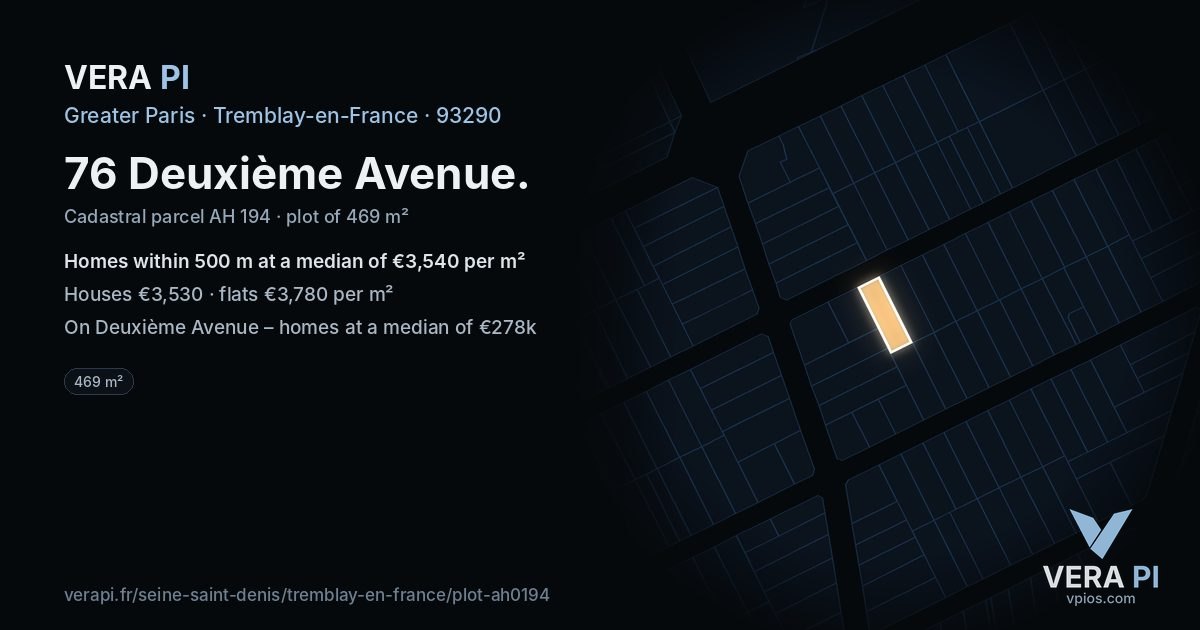 76 Deuxième Avenue, Tremblay-en-France at night – the plot lit, the parcels around coloured by the prices near them