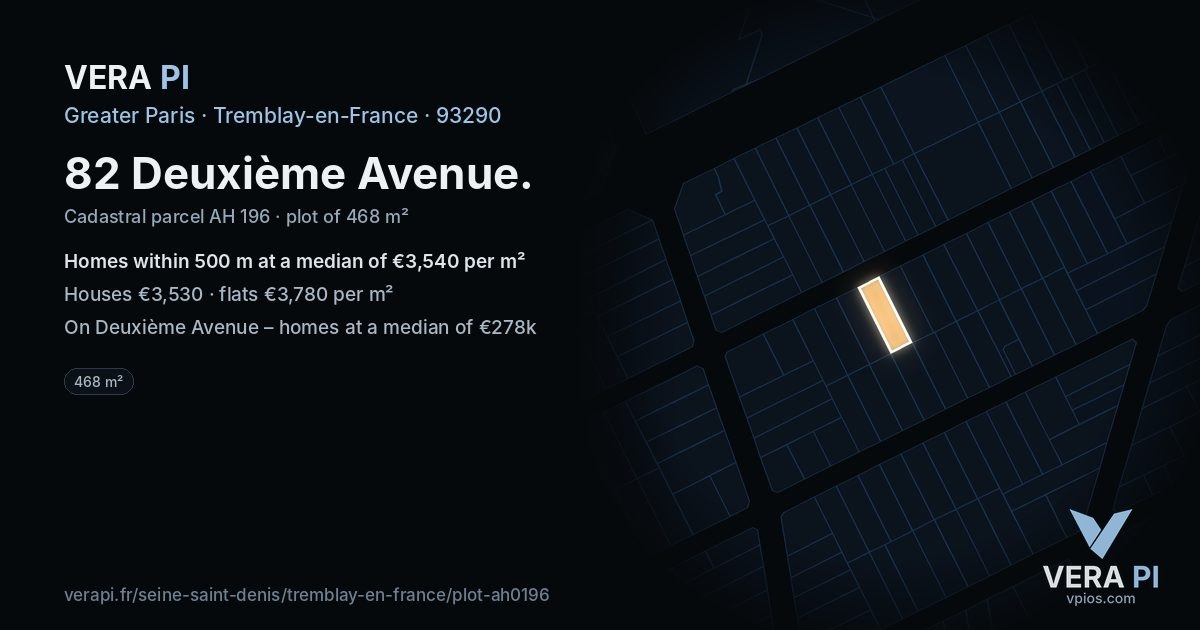 82 Deuxième Avenue, Tremblay-en-France at night – the plot lit, the parcels around coloured by the prices near them