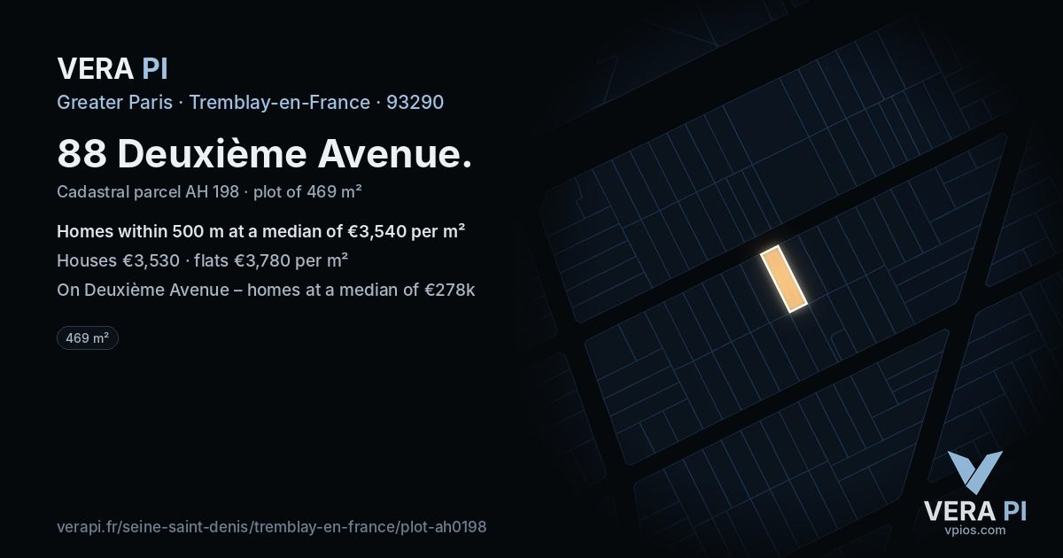 88 Deuxième Avenue, Tremblay-en-France at night – the plot lit, the parcels around coloured by the prices near them