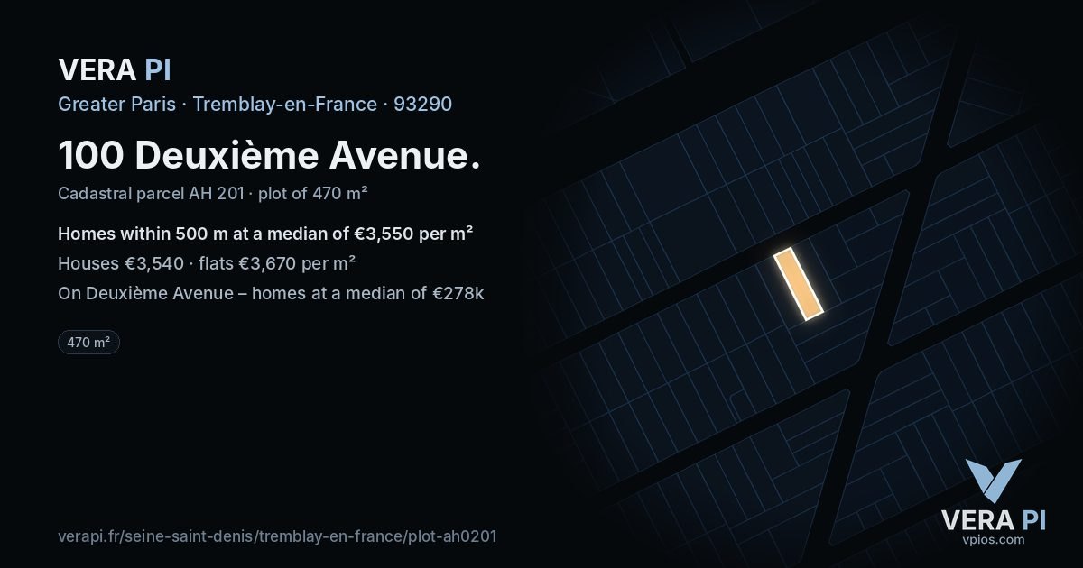 100 Deuxième Avenue, Tremblay-en-France at night – the plot lit, the parcels around coloured by the prices near them