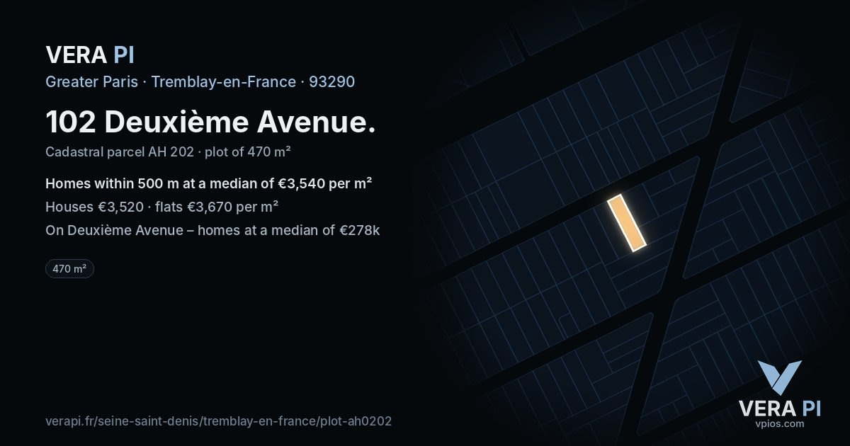 102 Deuxième Avenue, Tremblay-en-France at night – the plot lit, the parcels around coloured by the prices near them