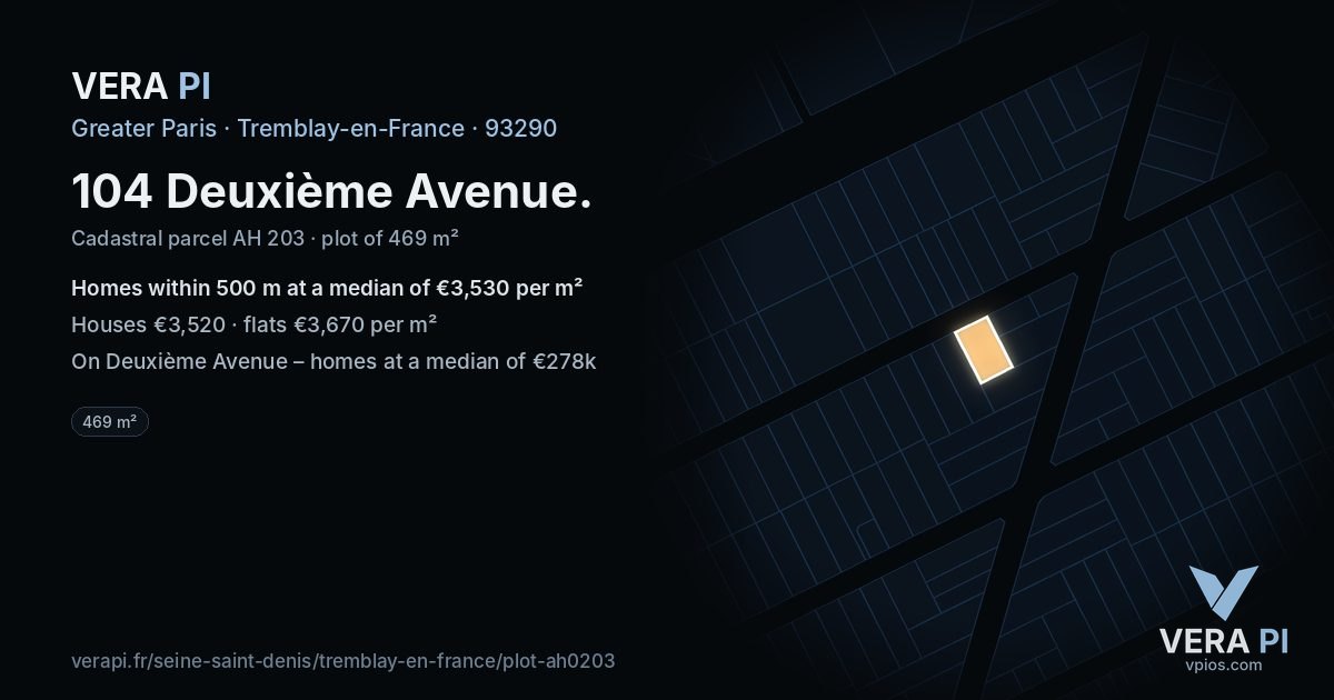 104 Deuxième Avenue, Tremblay-en-France at night – the plot lit, the parcels around coloured by the prices near them