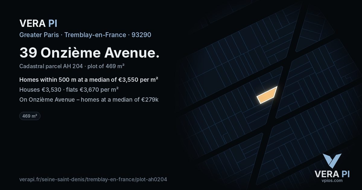 39 Onzième Avenue, Tremblay-en-France at night – the plot lit, the parcels around coloured by the prices near them